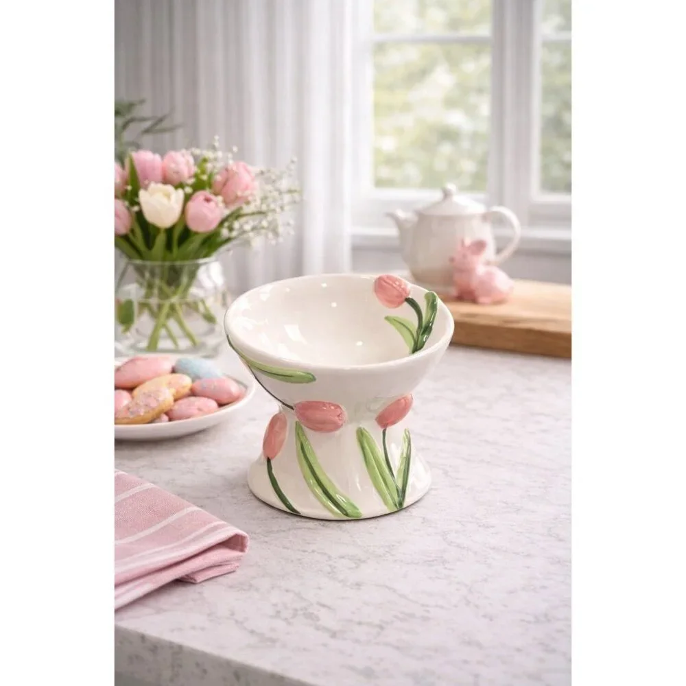 New Pink Tulip Flower Ceramic Raised Tilted Cat Small Dog Pedestal Bowl